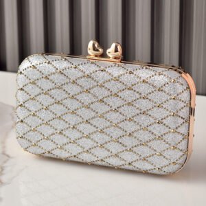 front of Rhombus Rhinestones Box Clutch Bag Silver