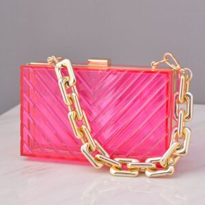 front of Right-angle Stripes Transparent Acrylic Book Clutch Bag Hot Pink