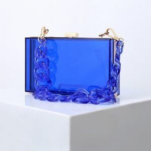 front of Transparent Book Clutch with Big Acrylic Chain Blue