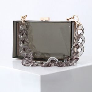 front of Transparent Book Clutch with Big Acrylic Chain Grey