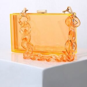 front of Transparent Book Clutch with Big Acrylic Chain Orange