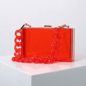 front of Transparent Book Clutch with Big Acrylic Chain Red