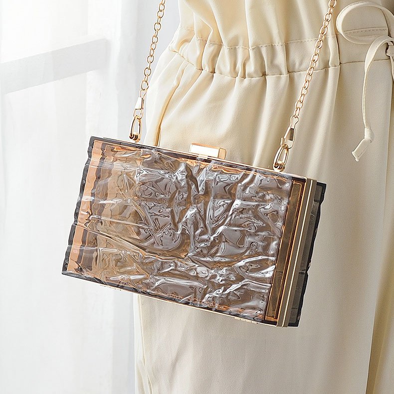 Uneven Transparent Acrylic Book Clutch Bag Brown carrying by long metal chain