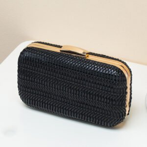 side of Wave PU Stripe Woven Box Clutch Bag Black