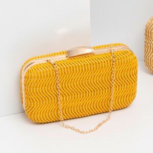 front of Wave PU Stripe Woven Box Clutch Bag Mustard