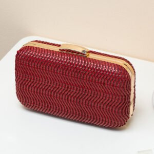 side of Wave PU Stripe Woven Box Clutch Bag Red