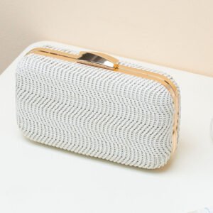 side of Wave PU Stripe Woven Box Clutch Bag White