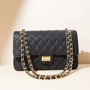 Caviar Genuine Leather Quilted Classic Flap Bag Black Gold metal chaiin interlace leather