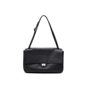 front of Slouchy Pebbled Leather Medium Flap Shoulder Bag Black