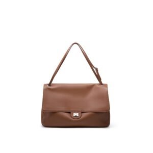 front of Slouchy Pebbled Leather Medium Flap Shoulder Bag Brown