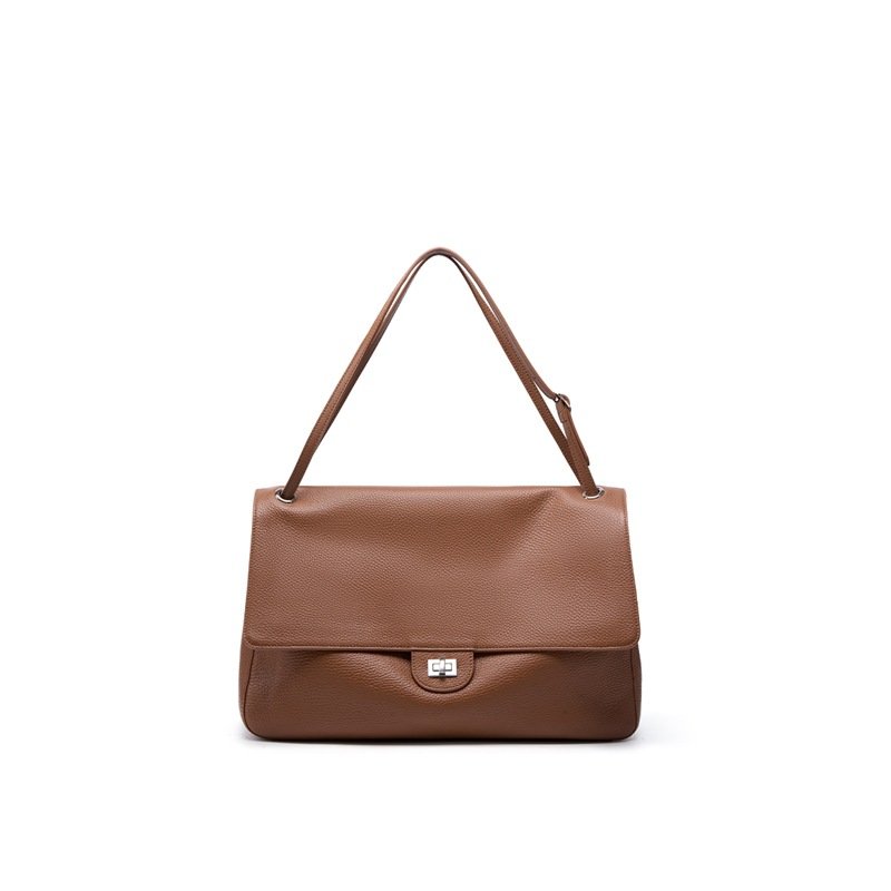 front of Slouchy Pebbled Leather Medium Flap Shoulder Bag Brown