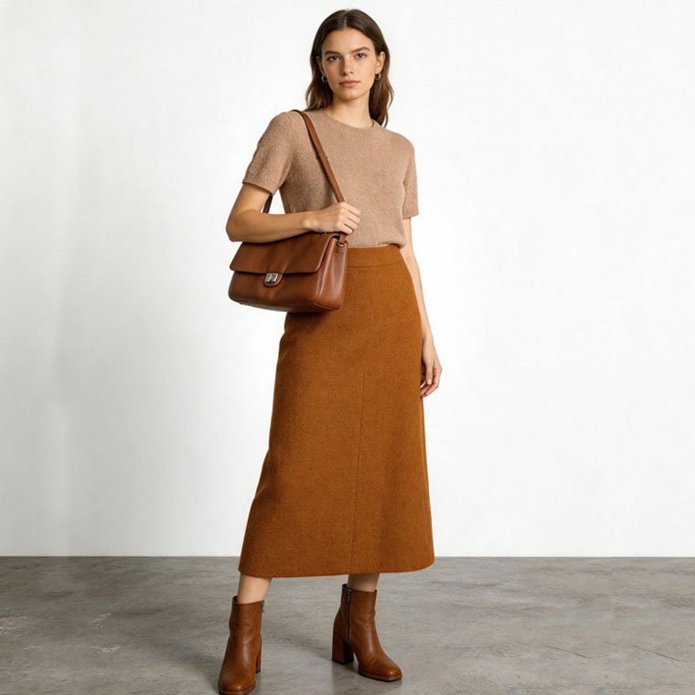 Slouchy Pebbled Leather Medium Flap Shoulder Bag brown carrying on shoulder by a woman in brown T shirt