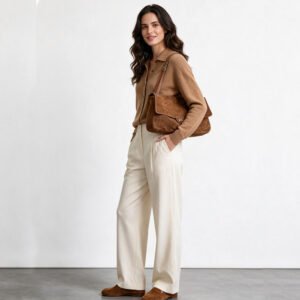 Slouchy Suede Maxi Flap shoulder bag Leather Trim Brown carrying on shoulder by a woman in brown sweater
