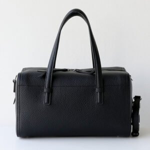 front of Top Grain Genuine Leather Barrel Boston Handbag Black