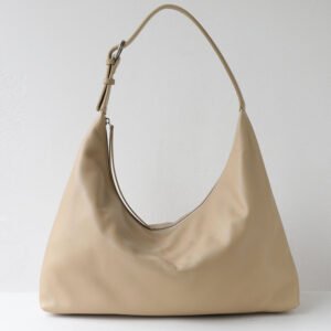 front of Top Grain Leather Slouchy Hobo Shoulder Bag Dark Beige