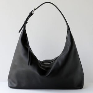 front of Top Grain Leather Slouchy Hobo Shoulder Bag Black