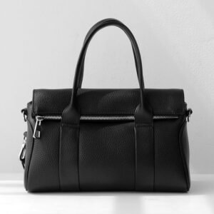 Top Grain Pebbled Leather Foldover Bag Medium Women Satchel Black