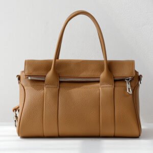 front of Top Grain Pebbled Leather Foldover Bag Medium Satchel Brown