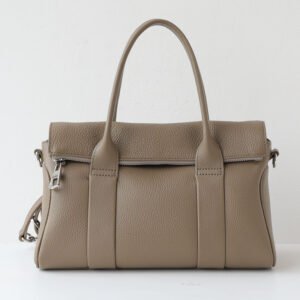 front of Top Grain Pebbled Leather Foldover Bag Medium Satchel Taupe