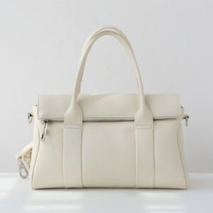 front of Top Grain Pebbled Leather Foldover Bag Medium Satchel White