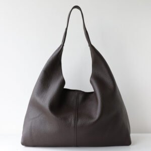 front of Large Pebbled Full Grain Leather Hobo Bag Chocolate