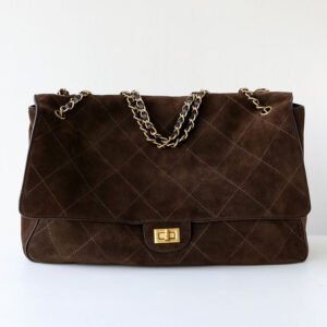 front of Large Vintage Quilted Suede Chain Flap Shoulder Bag Chocolate