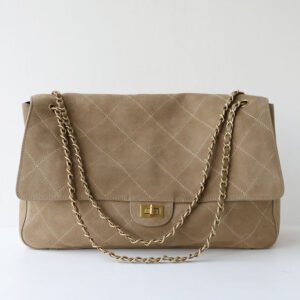 front of Large Vintage Quilted Suede Chain Flap Shoulder Bag Sand