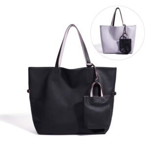 front of Convertible Large Leather Tote Bag with Pouch Black Lavender,black side and lavender side