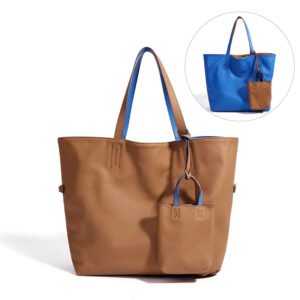 front side of Convertible Large Leather Tote Bag with Pouch Brown Blue,big brown and small blue