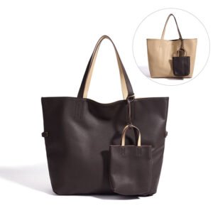 front side of Convertible Large Leather Tote Bag with Pouch Chocolate Sand,big image for chocolate,small image for sand
