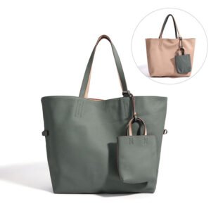 front side of Convertible Large Leather Tote Bag with Pouch Gray Coral,big side grey,and small coral