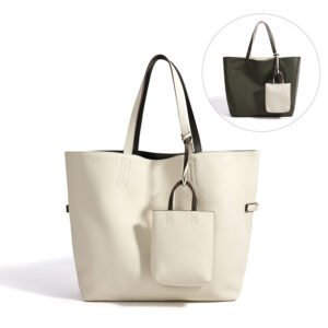 front side of Convertible Large Leather Tote Bag with Pouch White Olive,big image for white,small image for olive