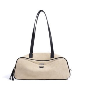 front of Cow Suede Retro Bowling Bag with Turnlock Pocket Beige