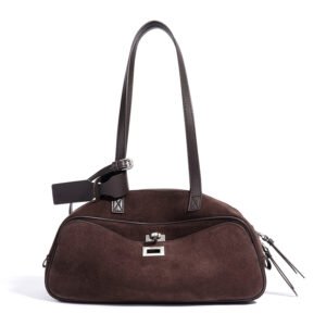 front of Cow Suede Retro Bowling Bag with Turnlock Pocket Chocolate