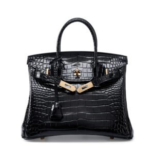 front of Designer Inspiration Crocodile Embossed Leather Handbag Black