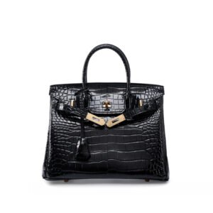 front of Designer Inspiration Crocodile Embossed Small Handbag black