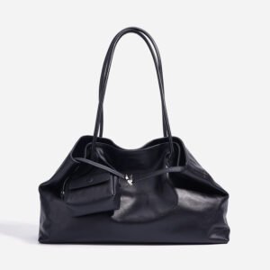 front of Full Grain Cowhide Large Tote Bag with Mini Pouch Black