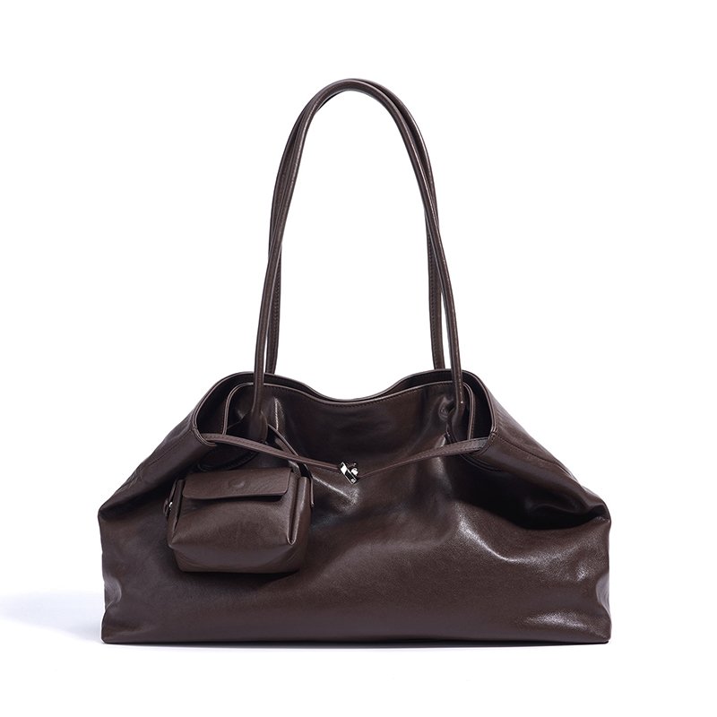 front of Full Grain Cowhide Large Tote Bag with Mini Pouch Chocolate