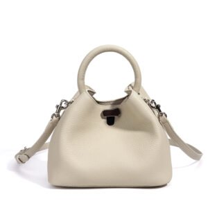 Front of Full Grain Leather Mini Bucket Bag with Round Handle Beige,with shoulder strap.