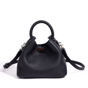 front of Full Grain Leather Mini Bucket Bag with Round Handle Black,with shoulder strap.