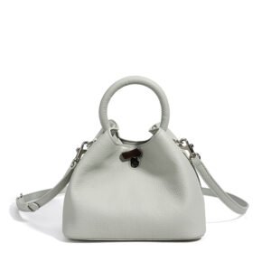 front of Full Grain Leather Mini Bucket Bag with Round Handle Cream,with shoulder strap.