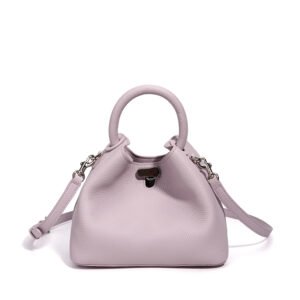 front of Full Grain Leather Mini Bucket Bag with Round Handle Lavender,with shoulder strap