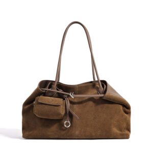 front of Suede and Leather Large Tote Bag with Mini Pouch Brown