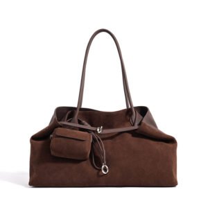 Suede and Leather Large Tote Bag with Mini Pouch Chocolate