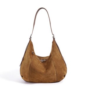 front of Large Suede Leather Hobo Bag with Adjustable Strap Camel