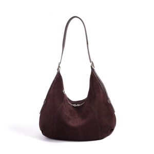 front of Large Suede Leather Hobo Bag with Adjustable Strap Chocolate