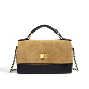 front of Quilted Suede &Sheepskin Leather Top Handle Flap Bag Camel