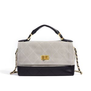 front of Quilted Suede &Sheepskin Leather Top Handle Flap Bag Grey