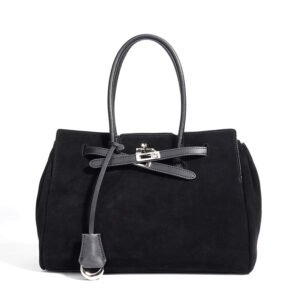 folded front of Suede & Smooth Leather Large Tote Bag with Turnlock Belt Black
