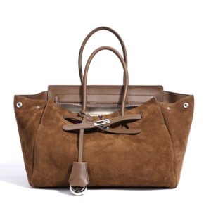 openning front of Suede & Smooth Leather Large Tote Bag with Turnlock Belt Brown